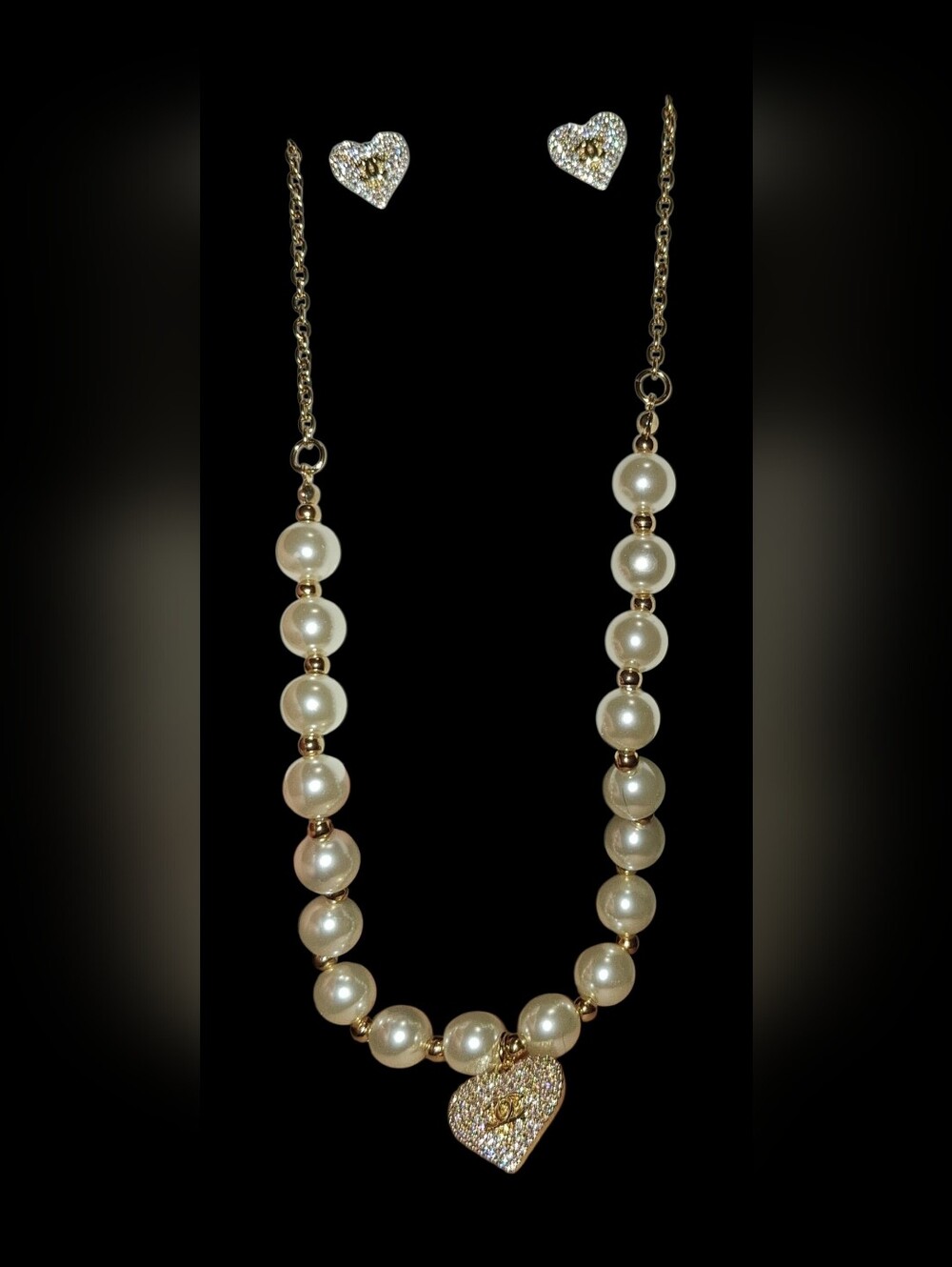 Gold & Pearl Heart Pendant Necklace and Earrings Set.18k Plated